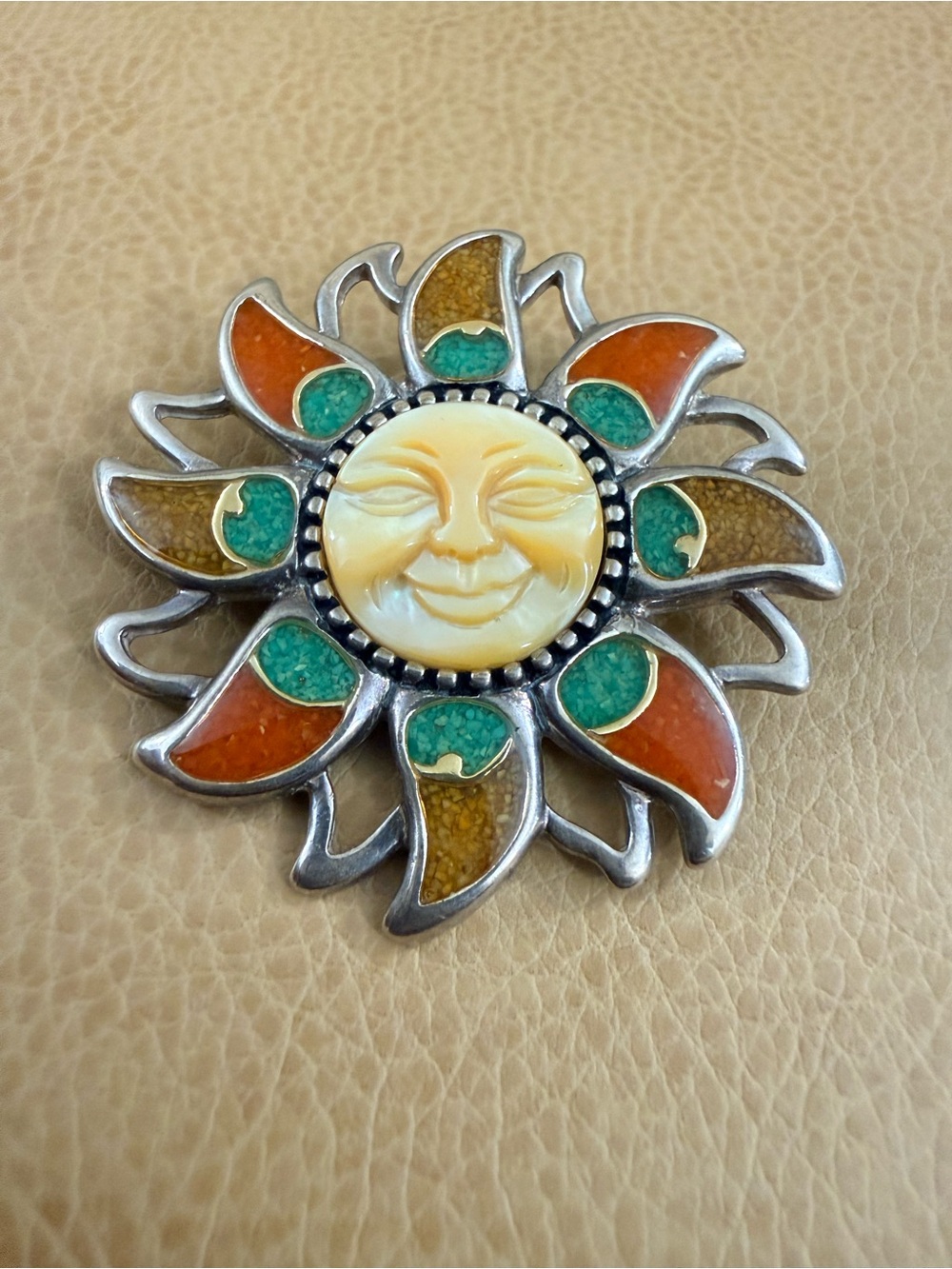 Carolyn pollack Sun vintage brooch pendant. 925 sterling silver, Mother-of-pearl - Picture 3 of 6